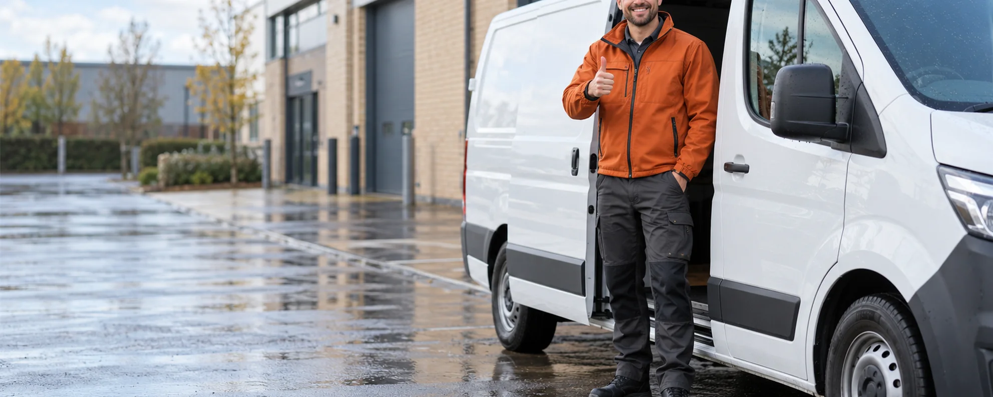 Illustrative AI-generated image of a multi-trade worker beside an unbranded white work van, giving a thumbs-up.
