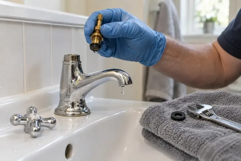 Plumber inspecting a worn rubber washer from a leaking basin tap.
