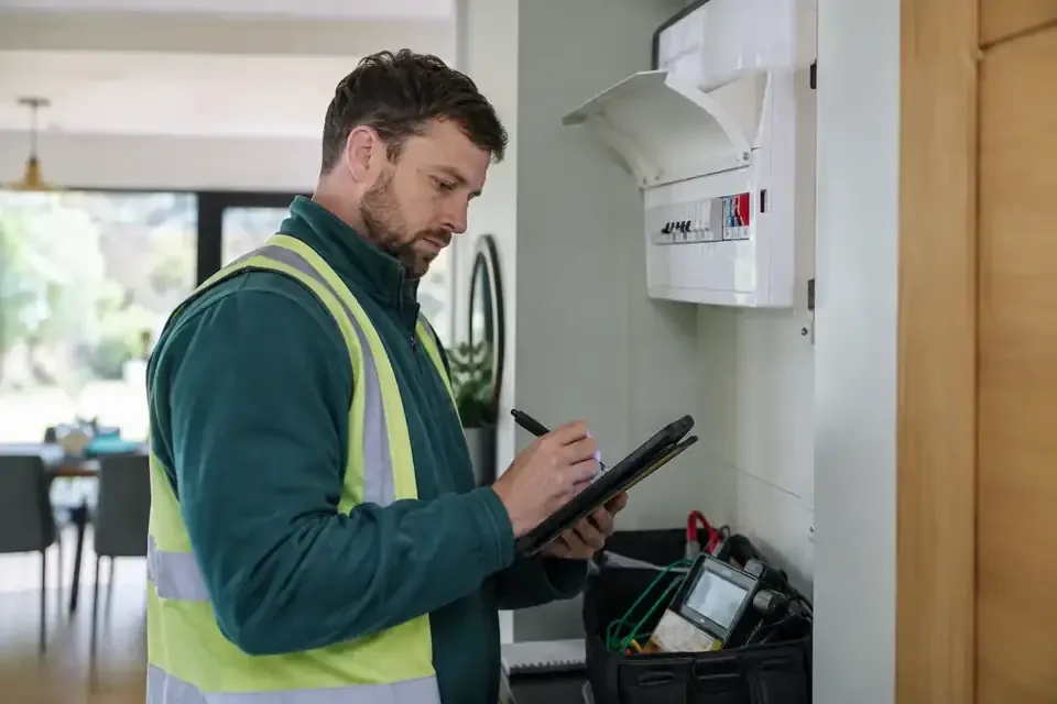 Electrical inspector records findings on a clipboard beside a consumer unit.