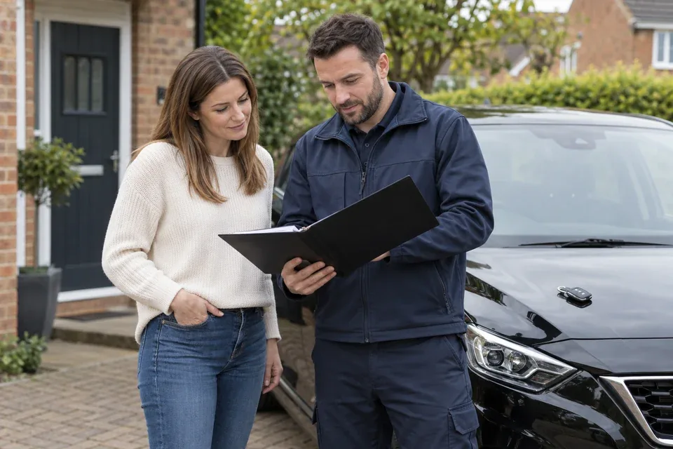 Car owner and locksmith checking vehicle details before key replacement