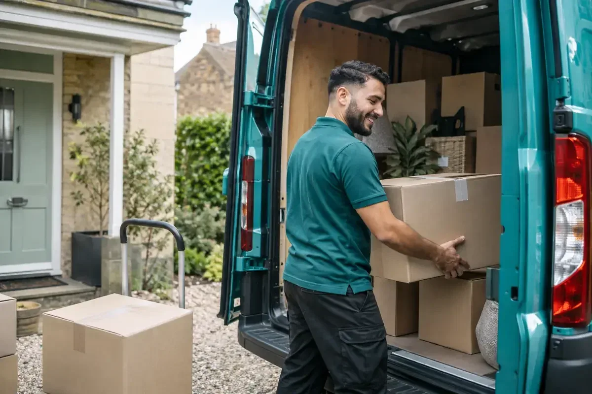 Mover loading packed cardboard boxes into a van