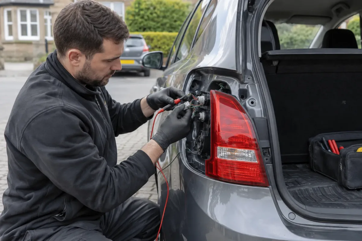Technician checking a car rear lamp and brake-light wiring.