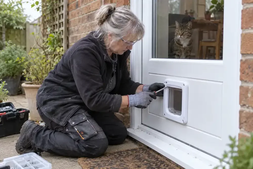 Installer fitting a cat flap into a white door panel