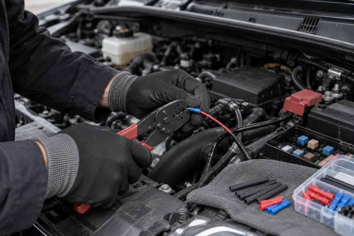 Technician repairing low-voltage car wiring.
