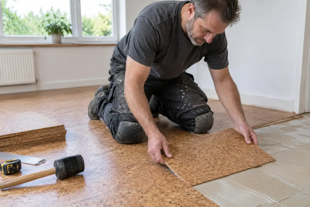 Floor installer fitting warm tan cork flooring tiles in a bright room, unmistakable granular cork texture, a cork tile in hand being lowered onto prepared floor, knee pads and orderly tools.
