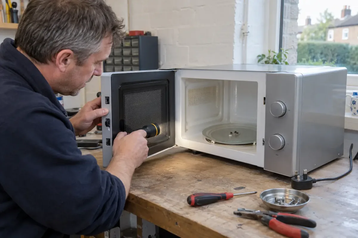 Repair technician inspecting the door latch and turntable assembly of a countertop microwave oven on a service bench. Microwave front and open door fully recognizable, disconnected plug visible, no internal high-voltage components exposed.