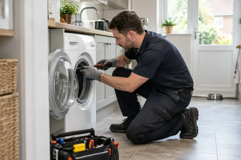 Technician examining an open front-loading washing machine