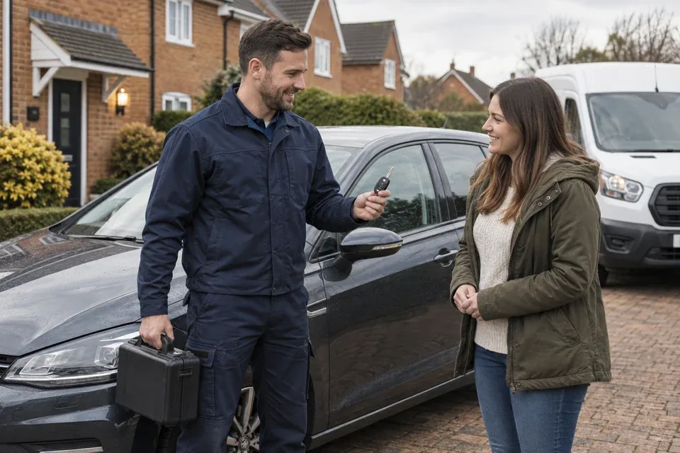 Automotive locksmith helping a driver beside a parked car on a UK driveway
