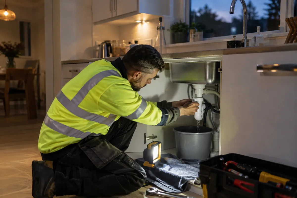 Plumber repairing a kitchen leak during an emergency visit