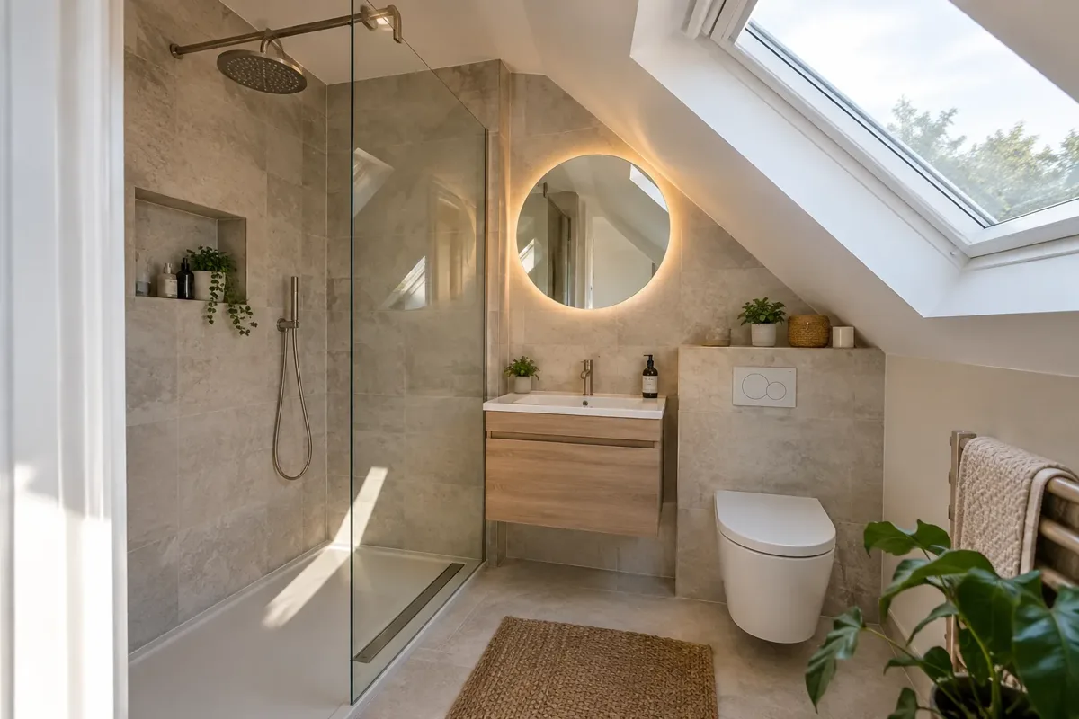 Completed en-suite bathroom in a converted British loft, sloping white ceiling with rooflight, walk-in shower beneath the full-height area, compact vanity and warm neutral tile, functional realistic layout and natural daylight.
