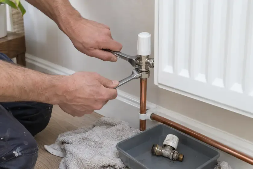 Plumber replacing a manual radiator valve beside a white panel radiator.