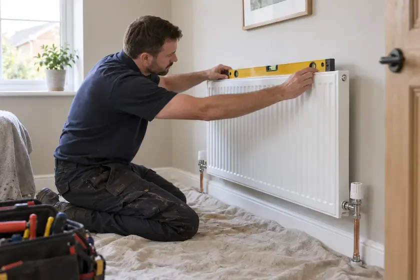 Plumber checking a newly installed radiator with a spirit level.