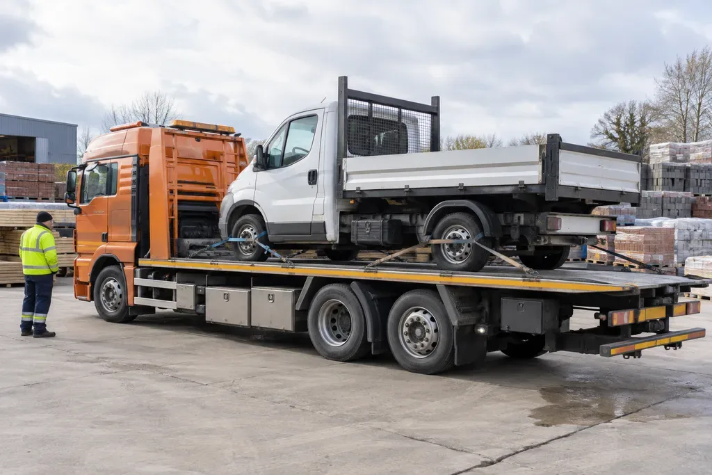 Small commercial tipper secured on a heavy recovery transporter