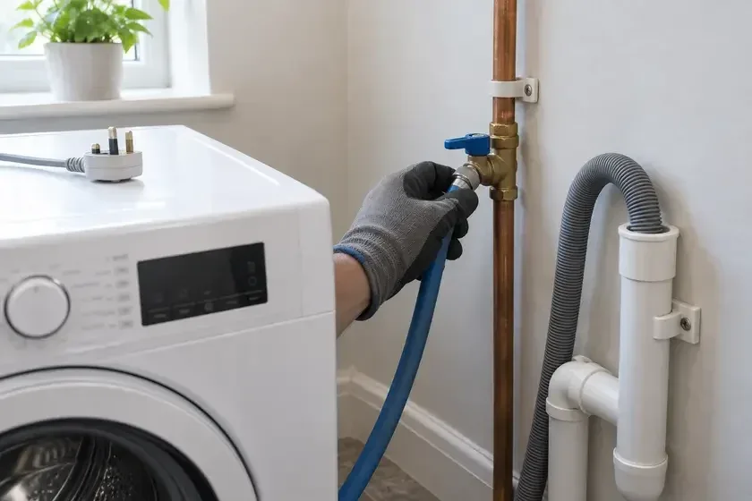 Worker connecting a blue inlet hose to a washing machine water supply