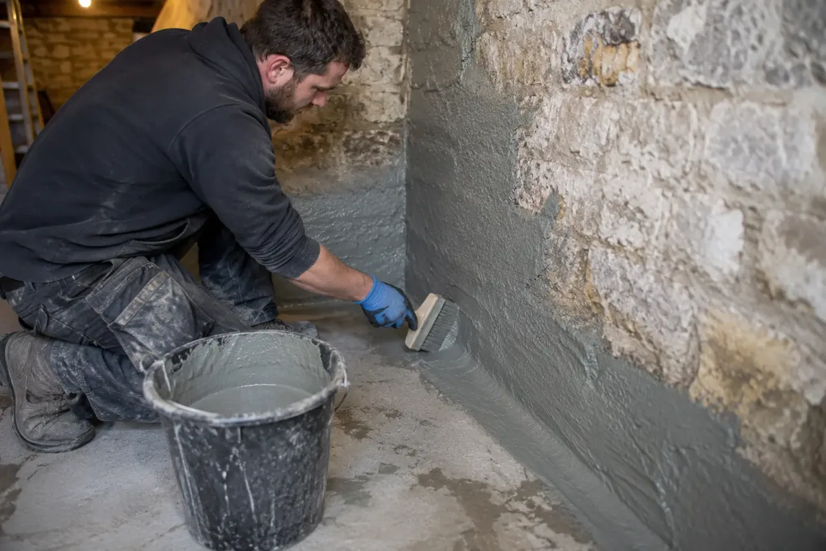 Waterproofing worker using a broad masonry brush to apply grey cementitious tanking slurry to a cellar wall and its floor junction. Half-coated rough masonry shows the treatment clearly, gloves, bucket without writing, safe practical basement lighting.
