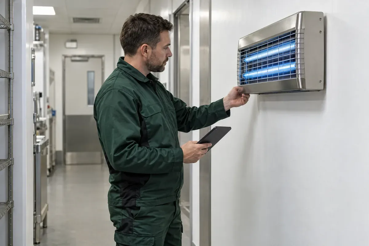 Pest technician in dark green workwear checking a covered wall-mounted commercial UV fly monitoring unit in a clean empty food-service utility corridor, protective grille intact, no food, no exposed wiring, natural side-view editorial photograph with unit at accessible chest height.