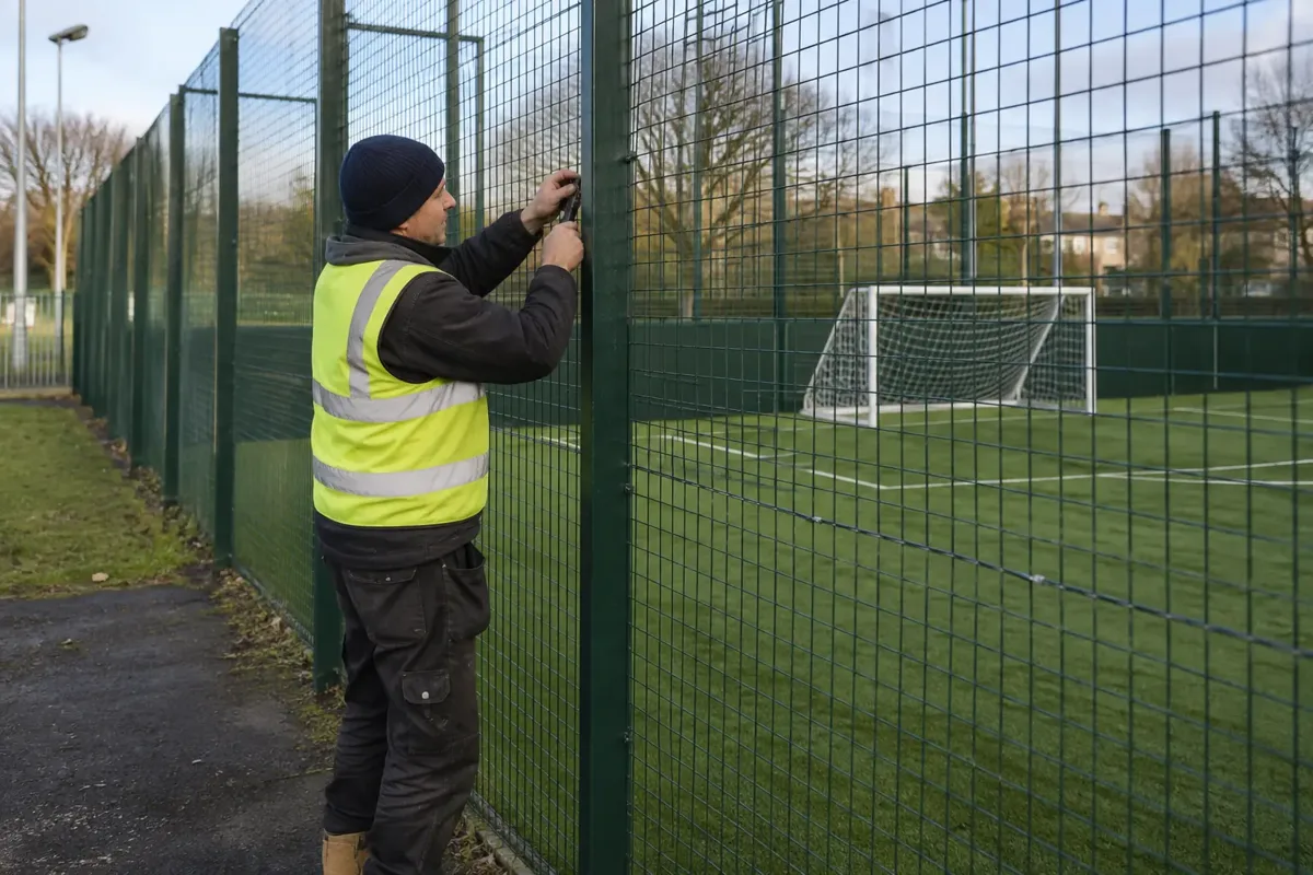 Contractor inspecting and fastening tall dark green ball-containment mesh fence around an empty outdoor five-a-side football pitch, goal and artificial turf visible, safe ground-level work.