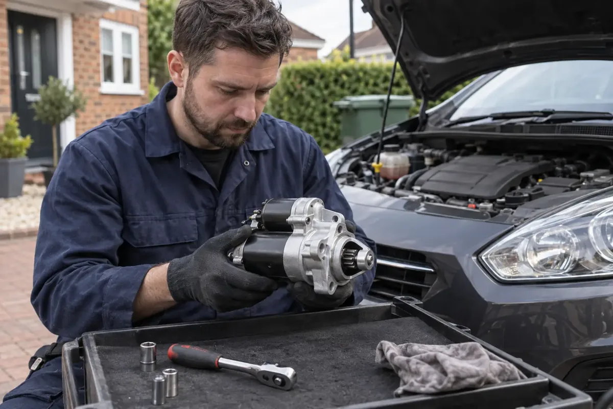 Mechanic preparing a replacement starter motor
