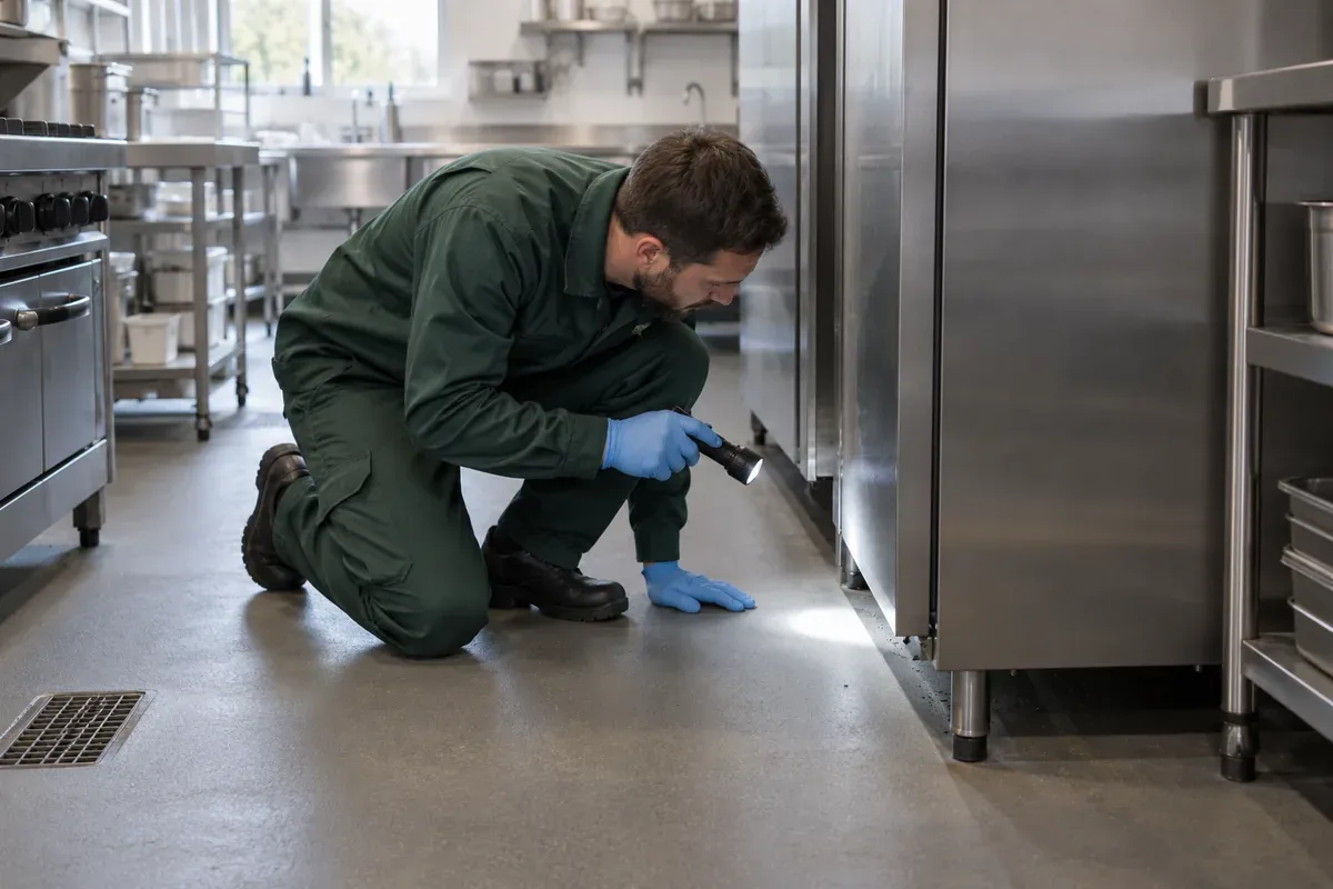 Professional gloved pest technician in dark green workwear inspecting the gap behind a stainless steel commercial kitchen appliance using a bright compact torch, clean empty British commercial kitchen with no food exposed.