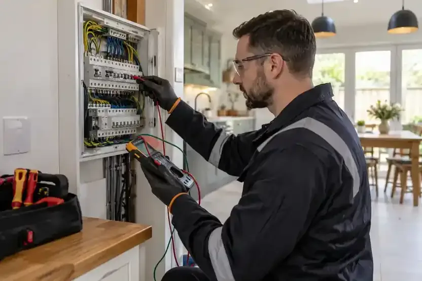 Technician performs electrical tests on a domestic consumer unit.
