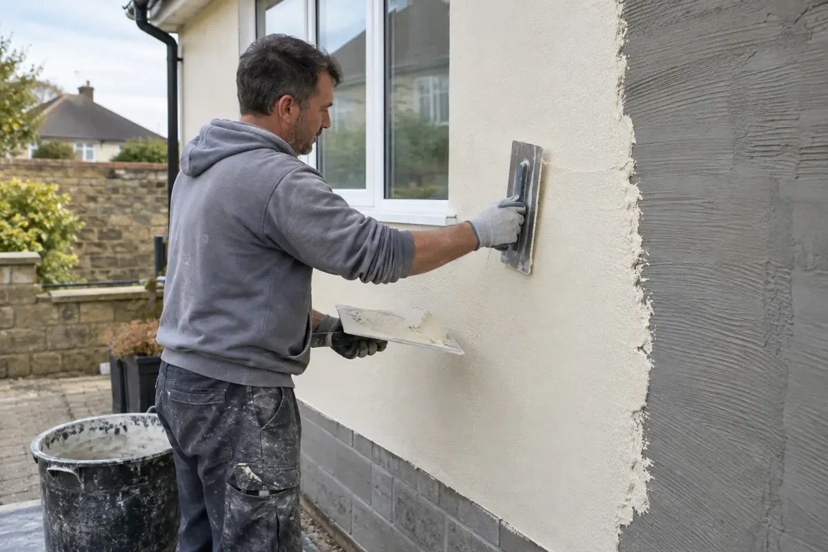 A renderer smoothing pale cream coloured monocouche render on the exterior of a British house, fresh render beside prepared masonry base coat, steel float and hawk, standing on ground, gloves, dust-free application, bucket.