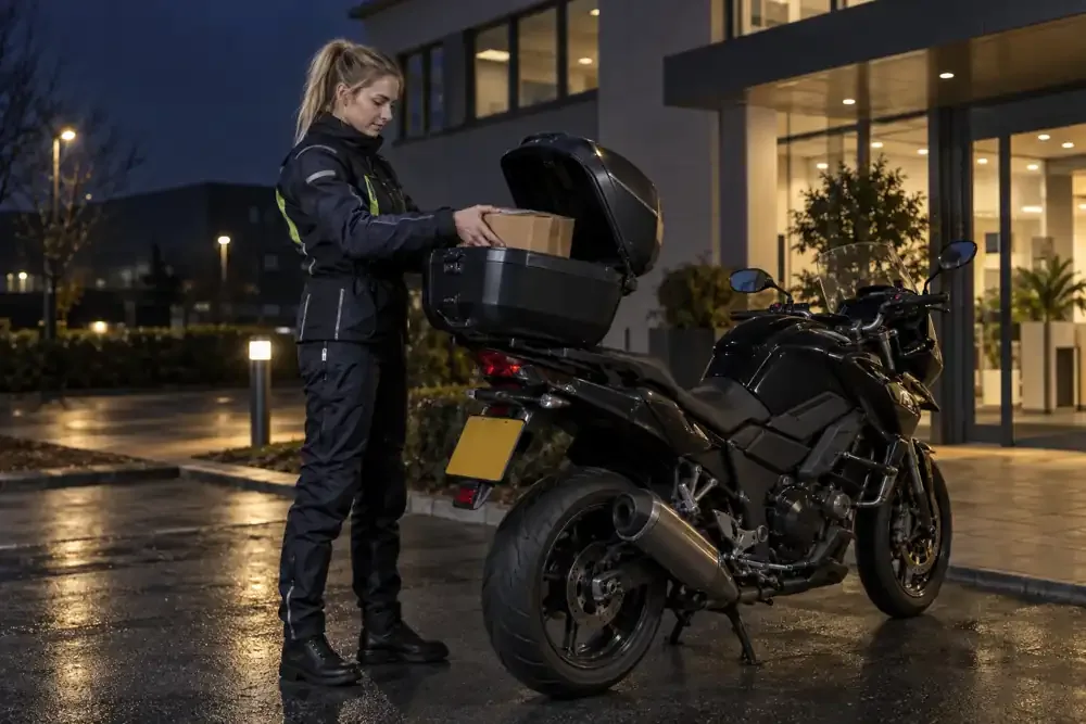 a motorcycle courier preparing or handing over a suitable consignment