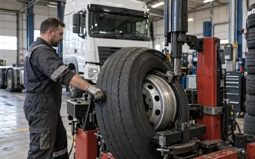 Operator using a hydraulic tyre changer on a large steel wheel with an HGV tractor unit behind.