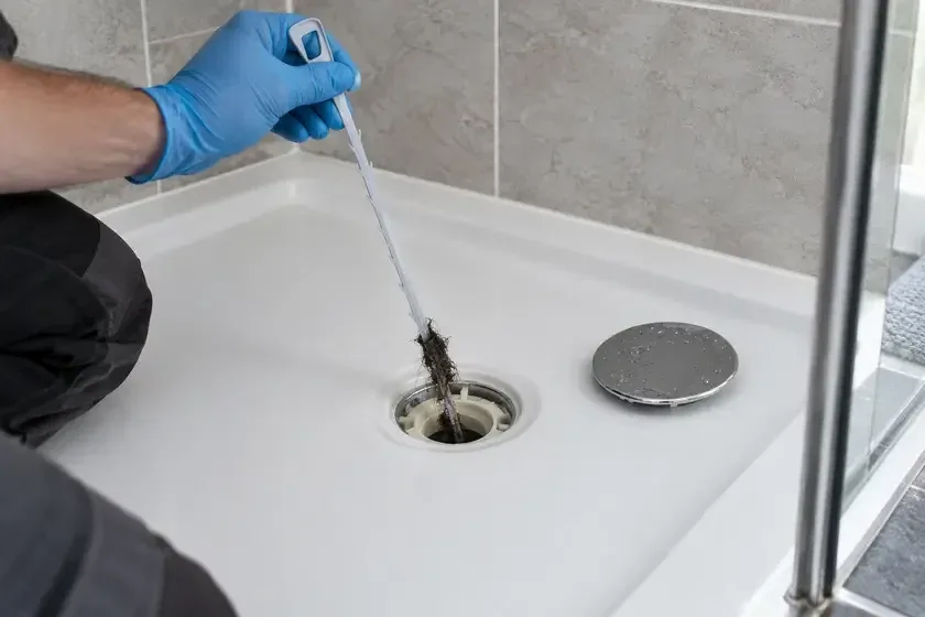 Hands pulling hair or debris from a shower tray waste using a tool