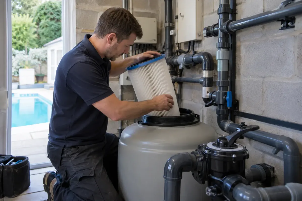 Technician Cleaning a Swimming Pool Filter