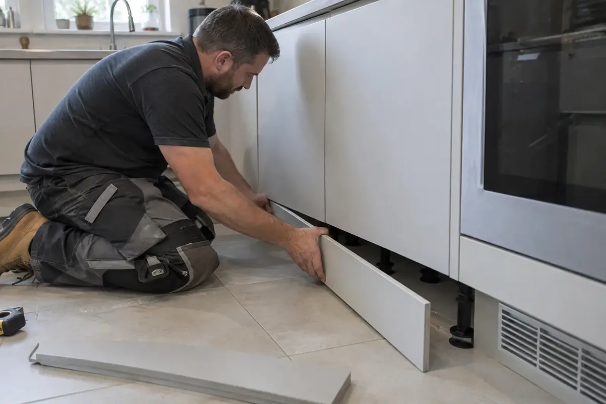 Kneeling fitter replacing a kitchen plinth beneath base cupboards, with adjustable cabinet feet, an old plinth and appliance ventilation grille.