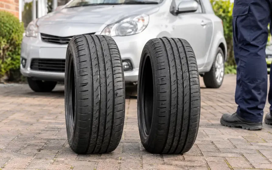 Two everyday passenger-car tyres beside a silver hatchback