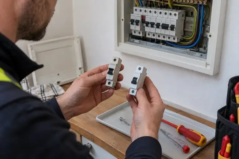 Circuit breaker replacement: a professional electrician assessing or carrying out the electrical work.