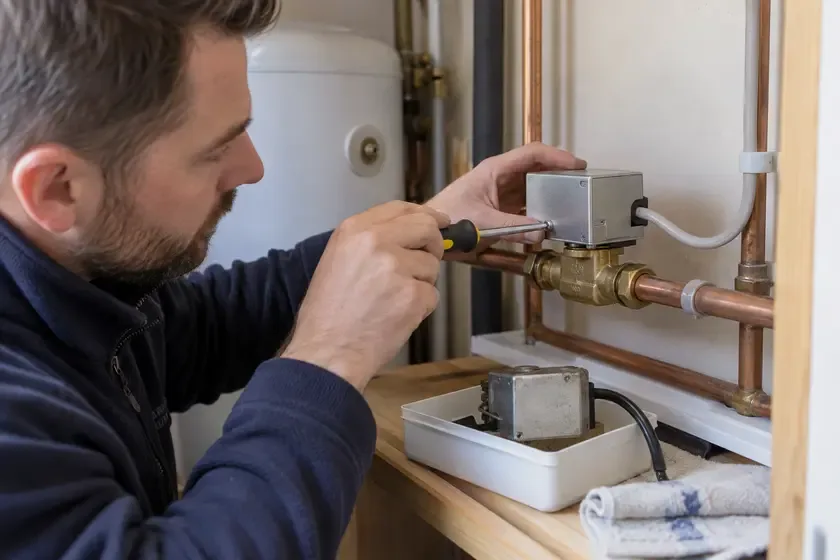 Engineer securing a replacement motorised heating valve actuator.