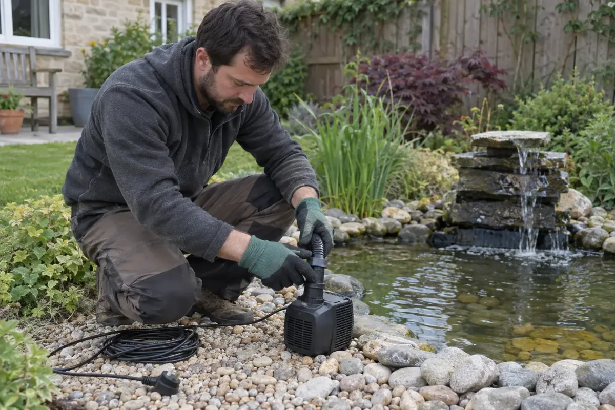 A landscape installer kneeling beside a small garden pond water feature, connecting circulation hose to a submersible pump before placement; pebble-edged reservoir and short stone fountain clearly visible, unplugged cable safely dry, gloves.